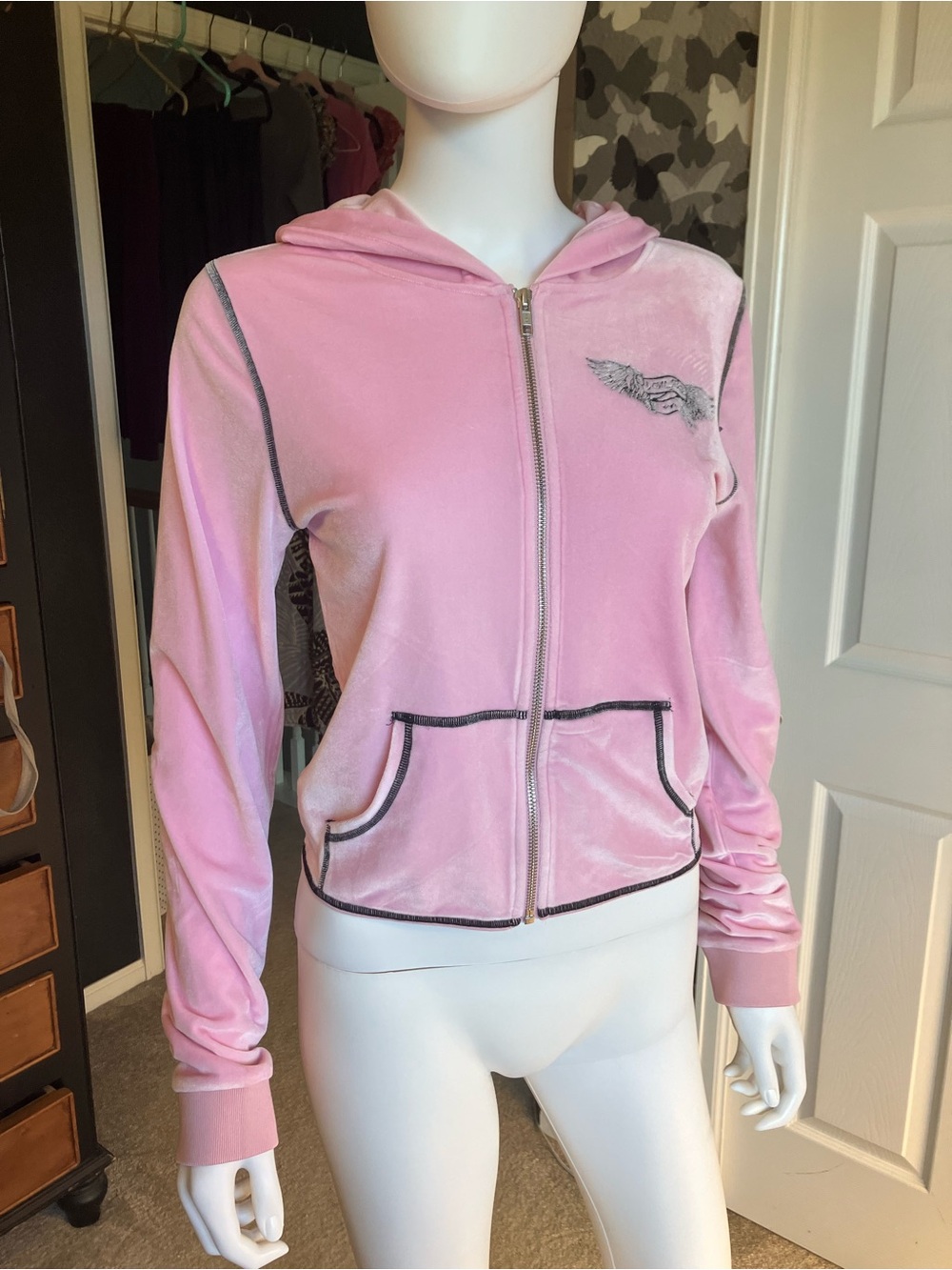 I.AM.GIA Light Pink Velour Zip-Up Hoodie with Dark Trim